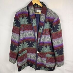 VTG Aztec Southwestern Women's Blanket‎ Jacket Sz 2X Julia Klein Cotton Lined